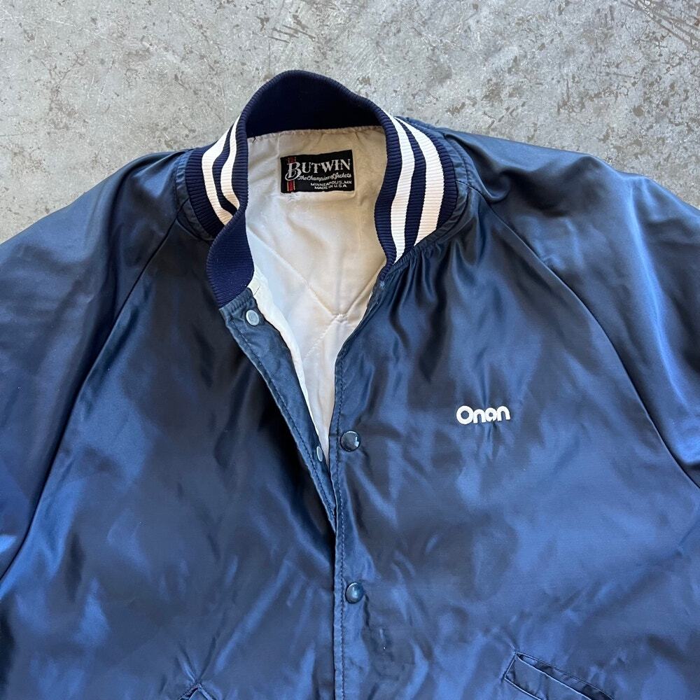 Vintage Butwin Onan Satin Varsity Bomber Jacket USA Navy Blue Men’s XL XXL - Picture 3 of 8